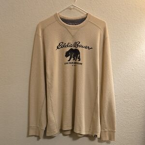 Eddie Bauer Cream Waffle Knit Top with Black Bear Graphic - Large